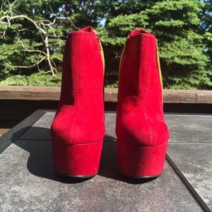 Hot Red Suede Wedged Heels